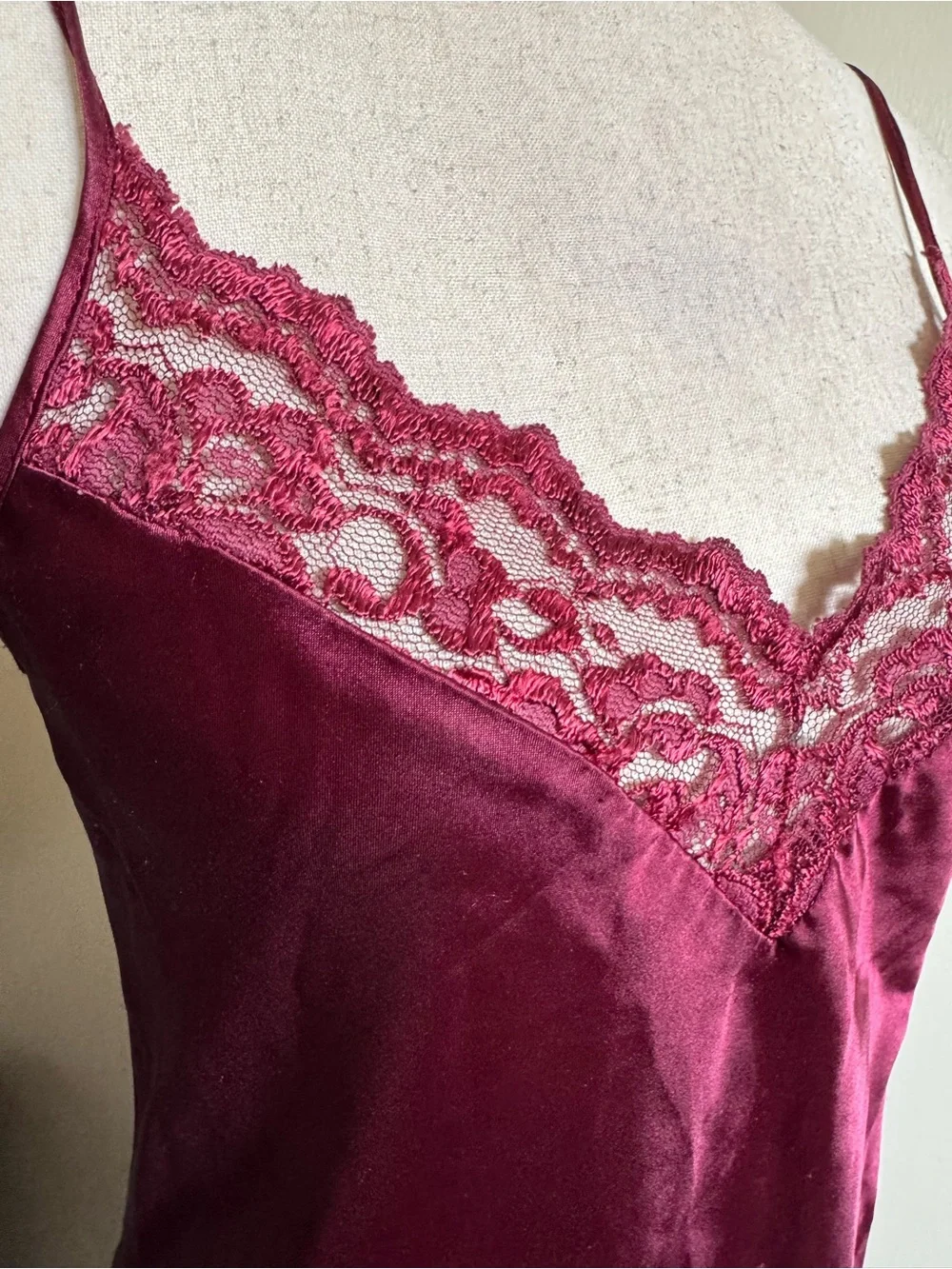 Vintage Magenta Satin Lace-Trim Slip Dress Nightie
